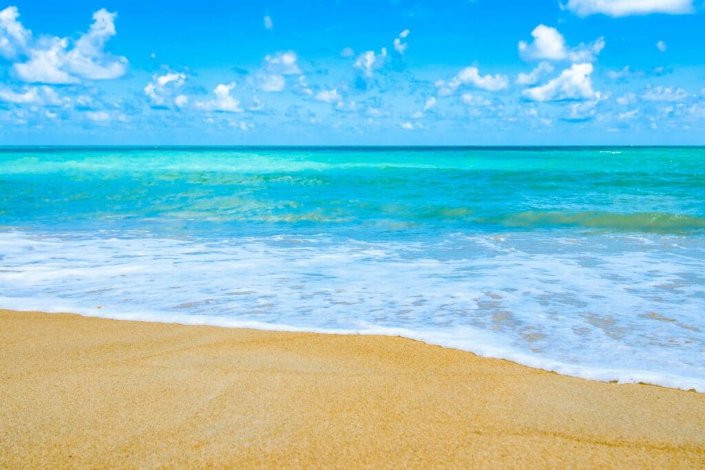 Skin Health featured image Sunny beach scene with golden sand in the foreground and turquoise waves gently reaching the shore. Clear blue sky dotted with fluffy white clouds. Calm and serene.