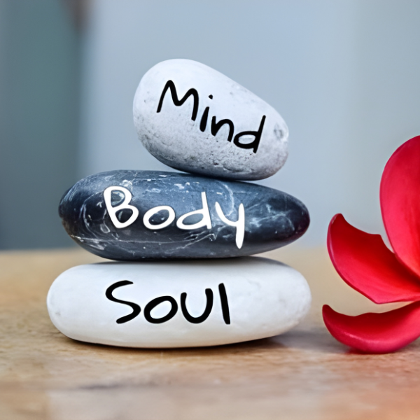 Three stacked stones labeled "Mind," "Body," and "Soul" sit on a surface, with a vibrant red flower petal beside them, conveying calm and balance.
